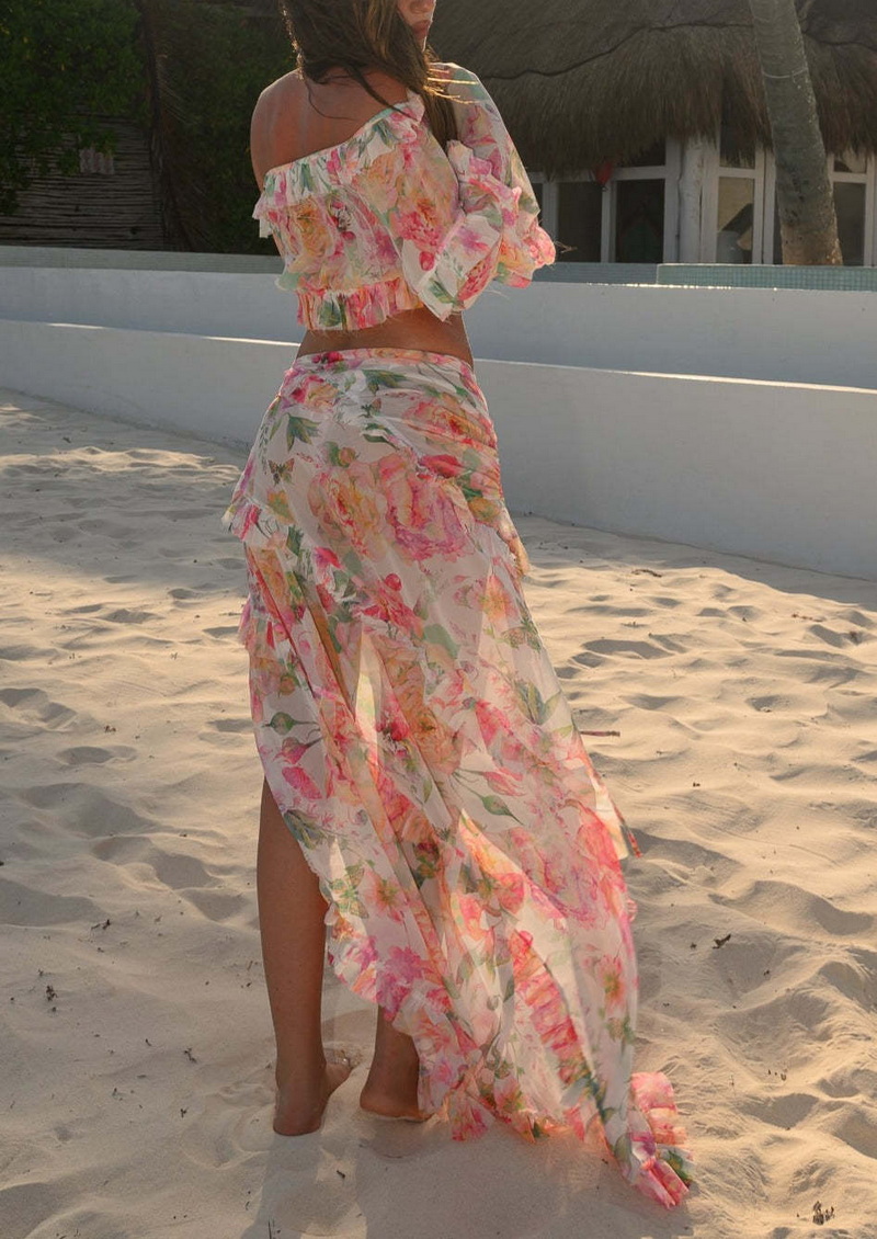 Sexy Floral Tie-Up Beach Skirt Set With Lace Trim Maxi Dress