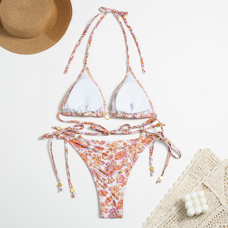Printed Backless Bikini Set For Women Tie-Up Three-Ring Detail No Chain_10