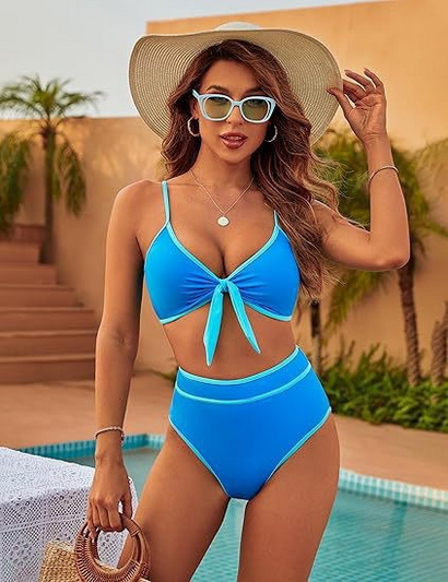 2025 New Color Block Bikini – High Waist Front Tie Two-Piece Swimwear