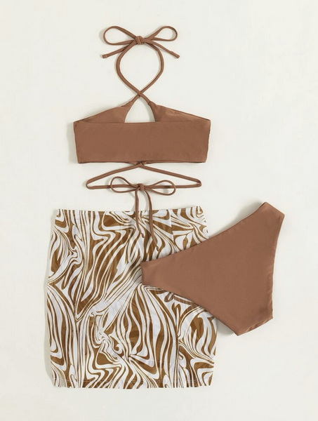 Printed Three-Piece Bikini Set - Includes Cover-Up Women's Swimwear