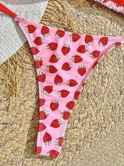 New Western Style Bikini – Strawberry Print Triangle Backless Swimwear for a Slimming Look