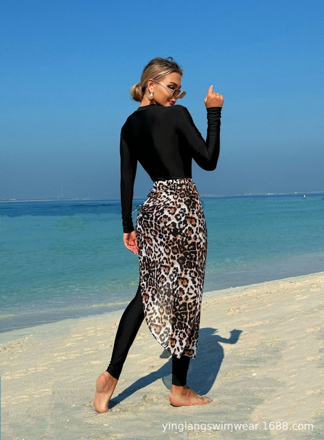 Custom Western Style Swimsuit – Long Sleeve Front Zip One-Piece with Leopard Print Cover-Up