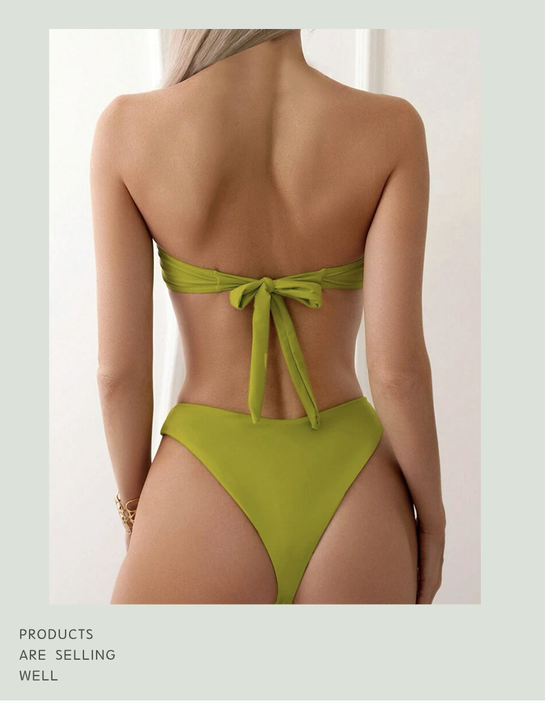 Sexy Solid Color Floral Bandeau Halter Bikini - Two-Way Wear Design_14