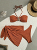 2025 New Three-Piece Solid Color Bikini With Bandeau Top And Beach Skirt