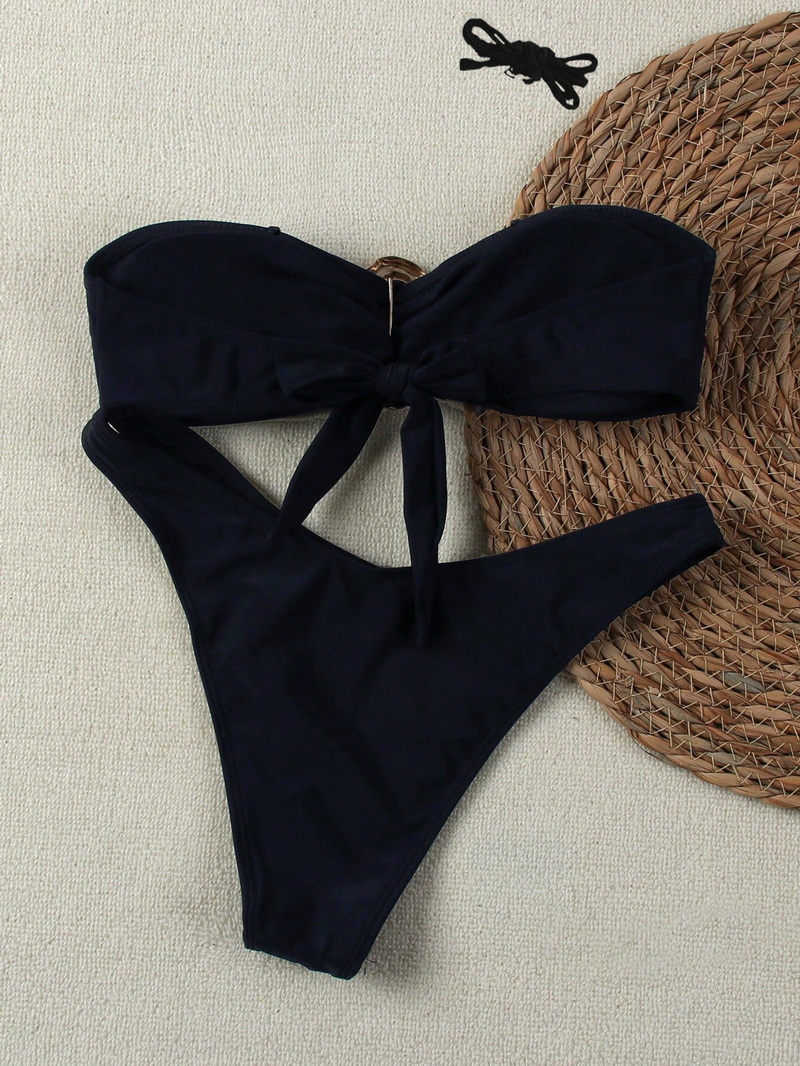 2025 Bandeau Halter Bikini Set With Metal Accessories, Solid Color European Style Swimsuit