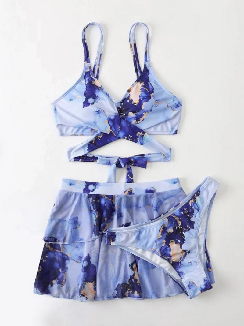 Sexy Marble Print Three-Piece Bikini Set - Beach Skirt Swimsuit