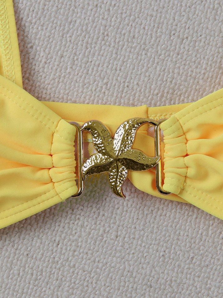 2025 New European Bandeau Bikini With Sexy Metal Starfish And High Slit Design