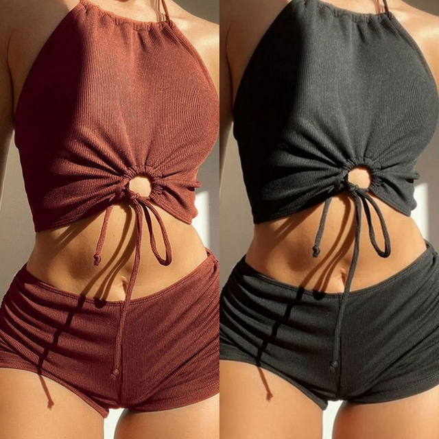 2025 New European Bikini With Boyshorts, High Neck Halter, And Front Tie Design