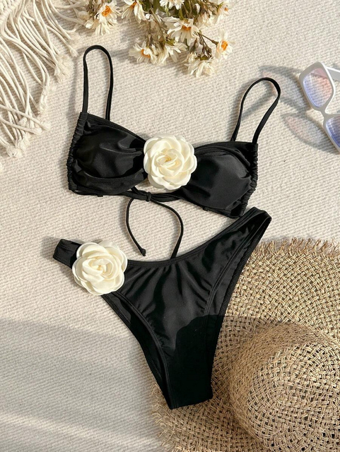 New European Bikini With Sexy 3D Floral Bandeau And High Slit Solid Swimsuit