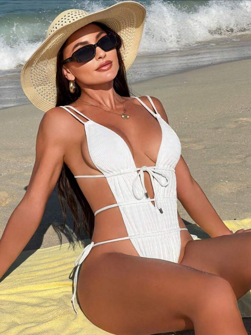 Solid Color Drawstring Backless One-Piece Bikini - Sexy Beachwear