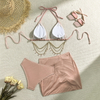 High-Waist Three-Piece Bikini Set - Tie-Up Drawstring Chain Detail