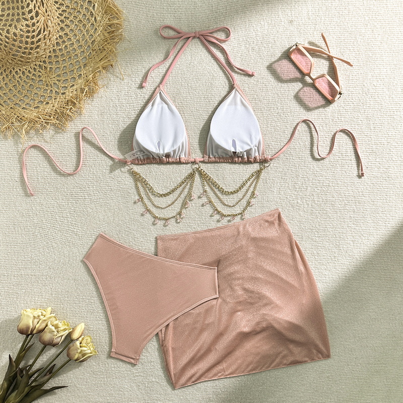 High-Waist Three-Piece Bikini Set - Tie-Up Drawstring Chain Detail