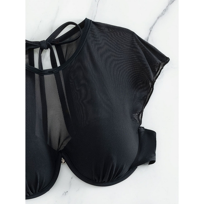 2025 Black Mesh Short Sleeve Cut-Out Two-Piece Bikini Set In Stock_6