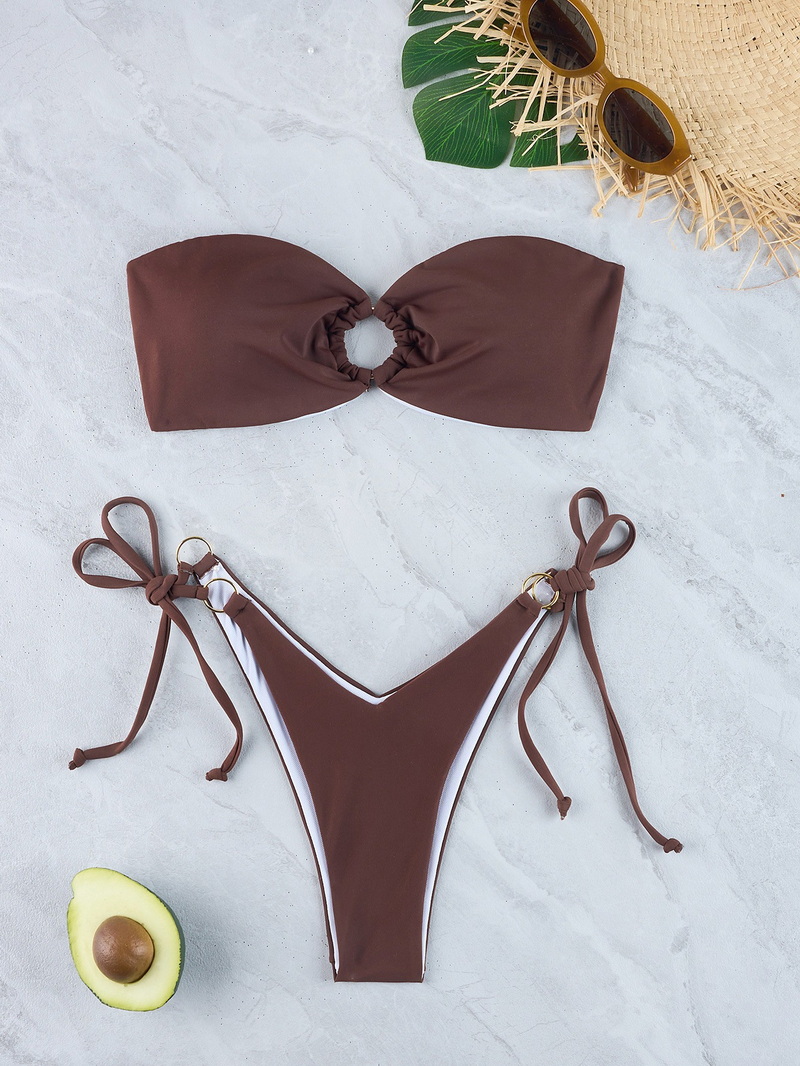 Solid Strapless Bandeau Bikini Two-Piece Swimsuit European Style_04