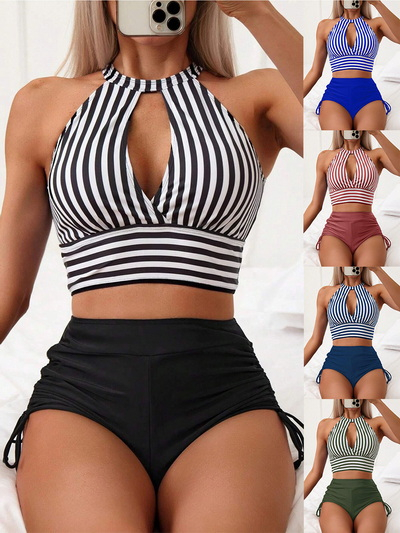 2025 Western Style Two-Piece Swimsuit – Tight Striped Bikini with Boy Shorts