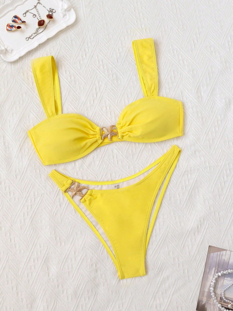 2025 New Metal Detail Two-Piece Bikini Set Solid Color Wide Strap Sexy Swimwear_06