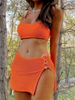 2025 New European and American Ruched Bikini Set Three-Piece Strapless Swimsuit with Skirt