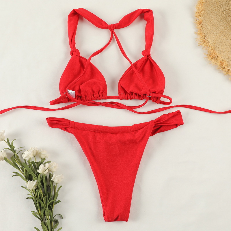 Solid Color Knot Tie Bikini Sexy Backless Double-Layer Fabric European_08