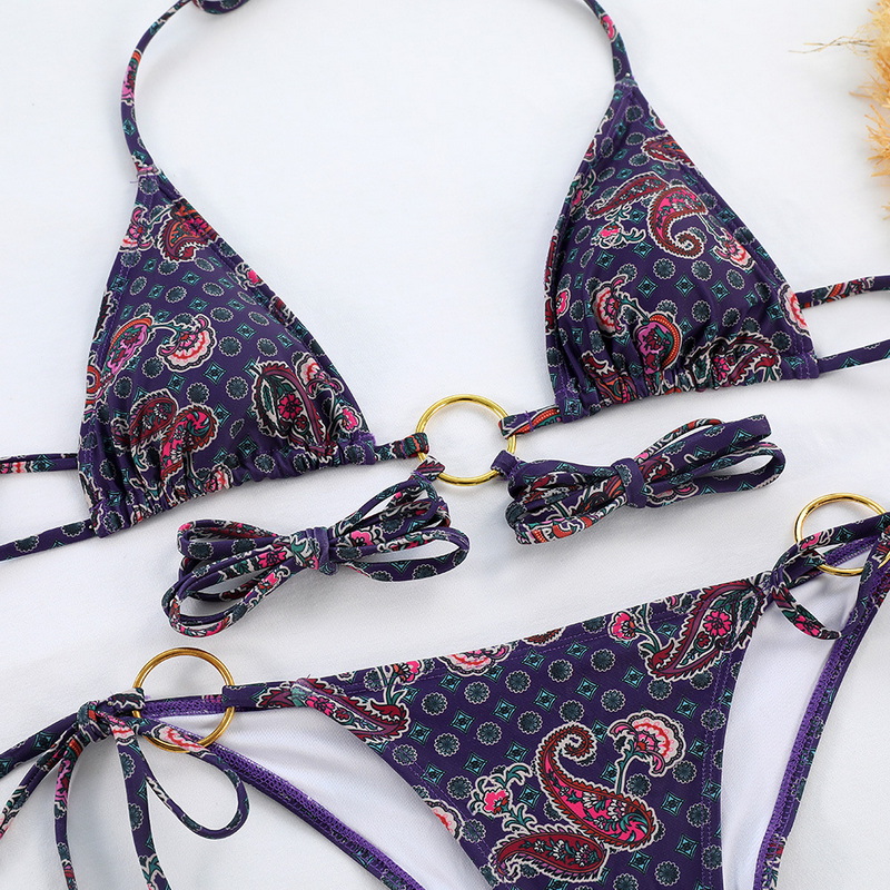 Sexy Metal Three-Ring Bikini Printed Tie-Up Two-Piece Export Style