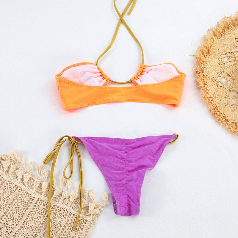 Glossy Nylon Colorblock Tie-Up Bikini Sexy Two-Piece Export Style_10