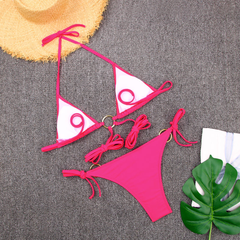 Metal Three-Ring Bikini Sexy Tie-Up Printed Two-Piece European Fashion_05