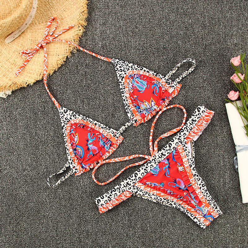 Printed Tie Two-Piece Bikini Spliced Backless Swimsuit Sexy European Style_16