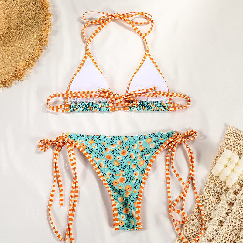 Colorblock Printed Tie Bikini Two-Piece Swimsuit Sexy European Export With New Colors_14