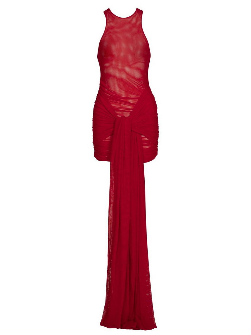 New Solid Color Halter Beach Dress Red Mesh Sexy Cover Up Dress