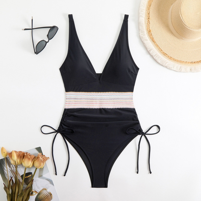 2025 New European Colorful Webbing One-Piece Plus Size Ruched Modest Triangle Swimsuit_04