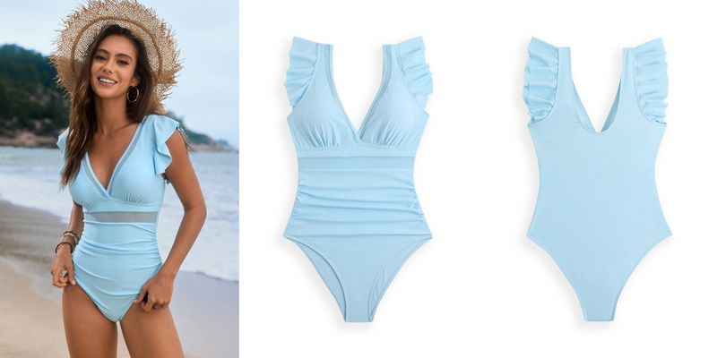 2025 New Mesh Stitching Solid Ruffle One-Piece Swimsuit Swimsuit Design_17