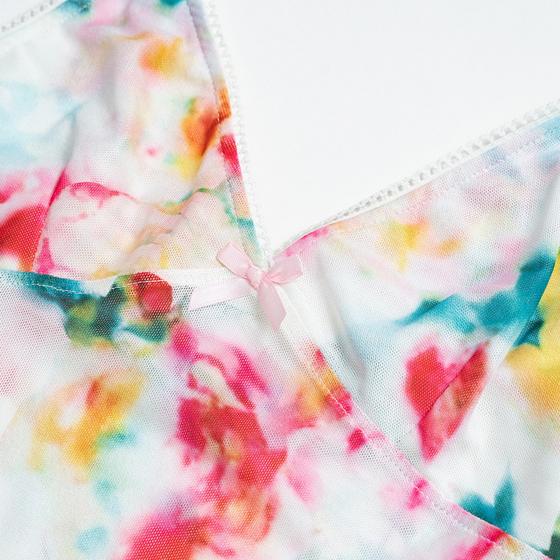 Floral Mesh Spaghetti Strap Beach Skirt Set With Bow And Lace Detail