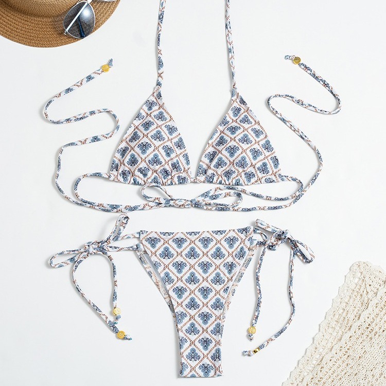 Plaid Print Tie-Up Bikini Set For Women Sexy Backless Two-Piece Swimsuit