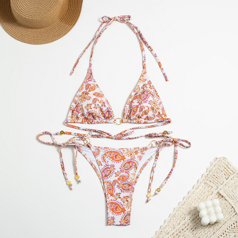 Printed Backless Bikini Set For Women Tie-Up Three-Ring Detail No Chain_09