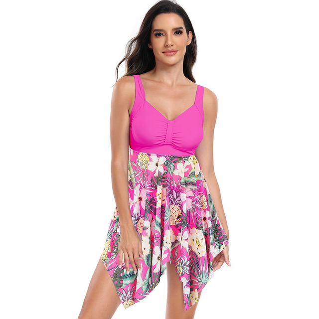 New European Two-Piece Swimsuit - Tummy-Control Plus Size Floral Skirt Swimwear