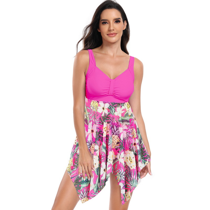 New European Two-Piece Swimsuit - Tummy-Control Plus Size Floral Skirt Swimwear