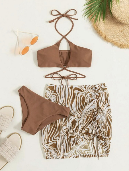 Printed Three-Piece Bikini Set - Includes Cover-Up Women's Swimwear