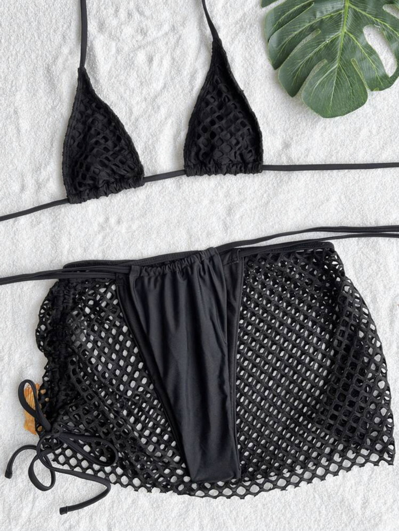 New Women's Swimsuit Sexy Solid Color 3-Piece Mesh Bikini Set for Beachwear