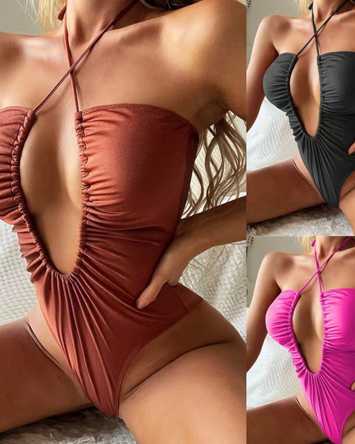 2025 New Western Style One-Piece Swimsuit – Solid Color Cutout Cross Front Halter Swimwear