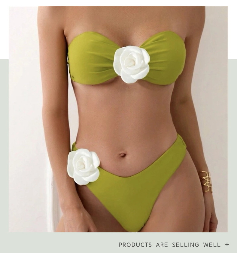 Sexy Solid Color Floral Bandeau Halter Bikini - Two-Way Wear Design_13