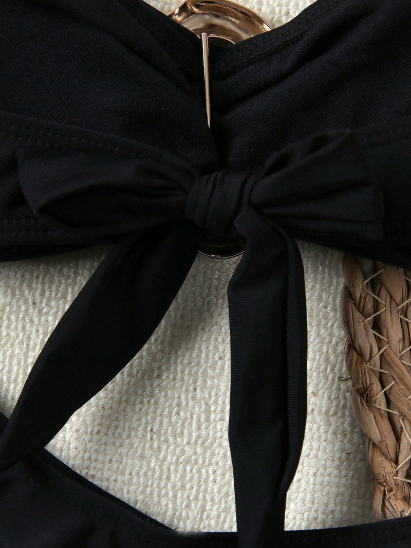 2025 Bandeau Halter Bikini Set With Metal Accessories, Solid Color European Style Swimsuit