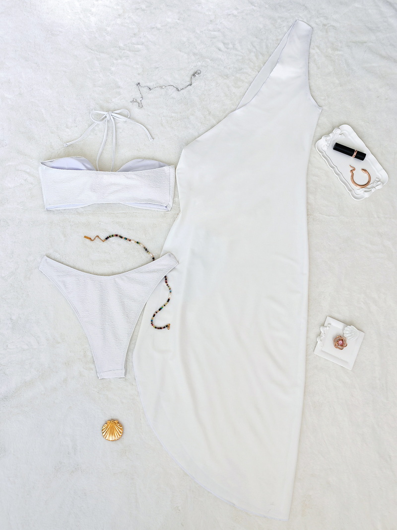 2025 Three-Piece Bikini Set With One-Shoulder Cover-Up, Solid Color Bandeau Swimsuit_10