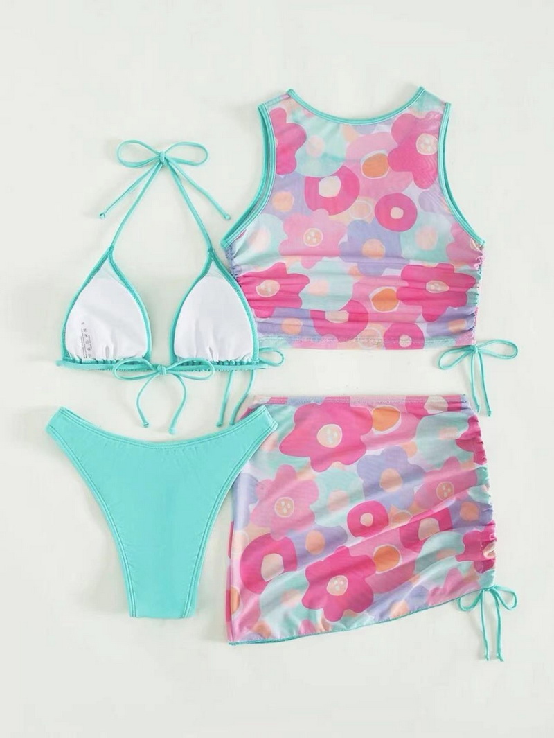 Sexy Four-Piece Printed Mesh Bikini Set - Women's Beach Swimwear