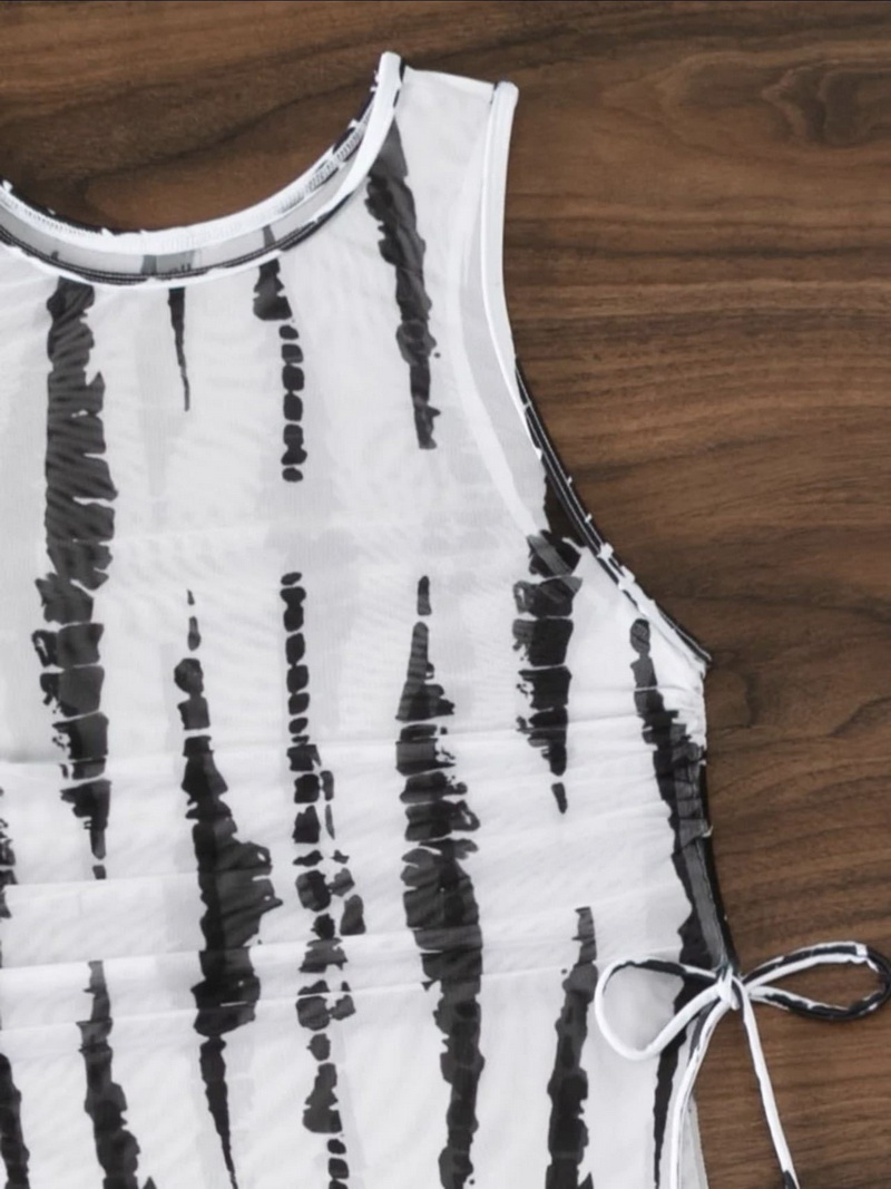 Sexy Three-Piece Long Mesh Dress Bikini Set - Printed Women's Swimwear