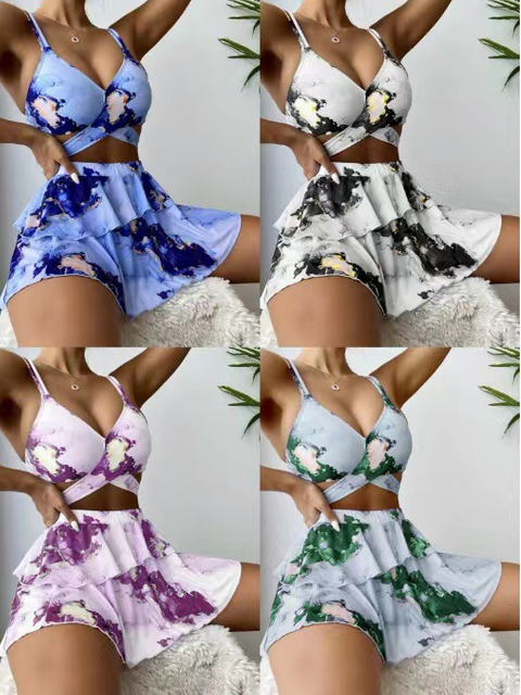 Sexy Marble Print Three-Piece Bikini Set - Beach Skirt Swimsuit