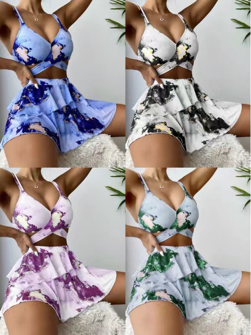 Sexy Marble Print Three-Piece Bikini Set - Beach Skirt Swimsuit