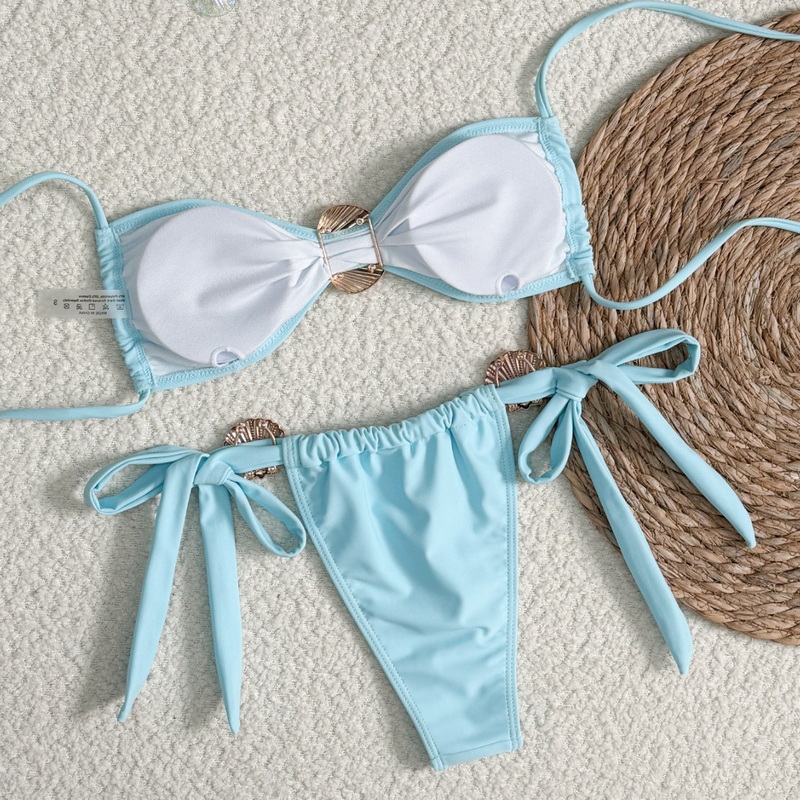 New European Bikini With Sexy Metal Shells And High-Waisted Tie Design