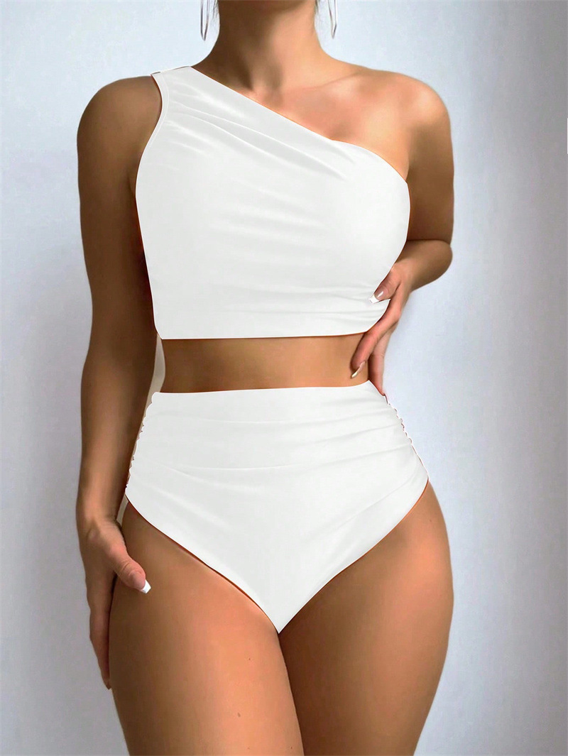 2025 New European Solid Ruched One-Shoulder Bikini With Sexy Open Back