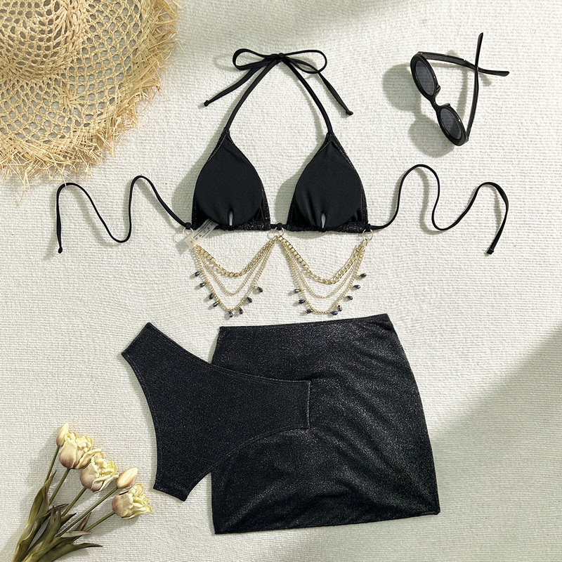 High-Waist Three-Piece Bikini Set - Tie-Up Drawstring Chain Detail_13