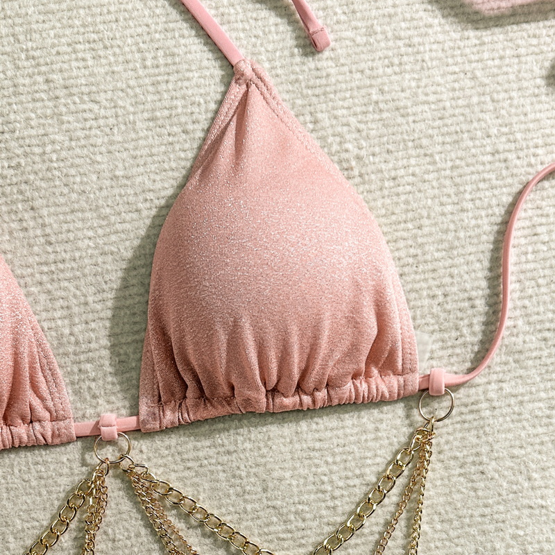 High-Waist Three-Piece Bikini Set - Tie-Up Drawstring Chain Detail