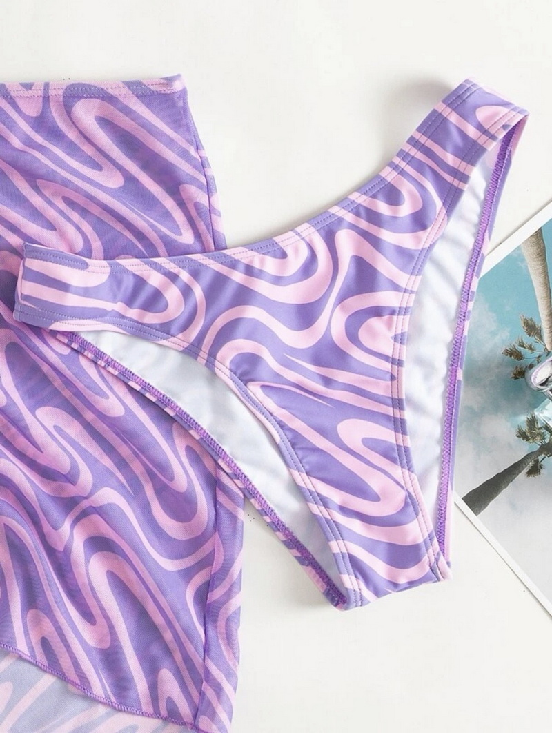 All-Over Print Triangle Bikini Set - Spaghetti Strap with Beach Skirt_14